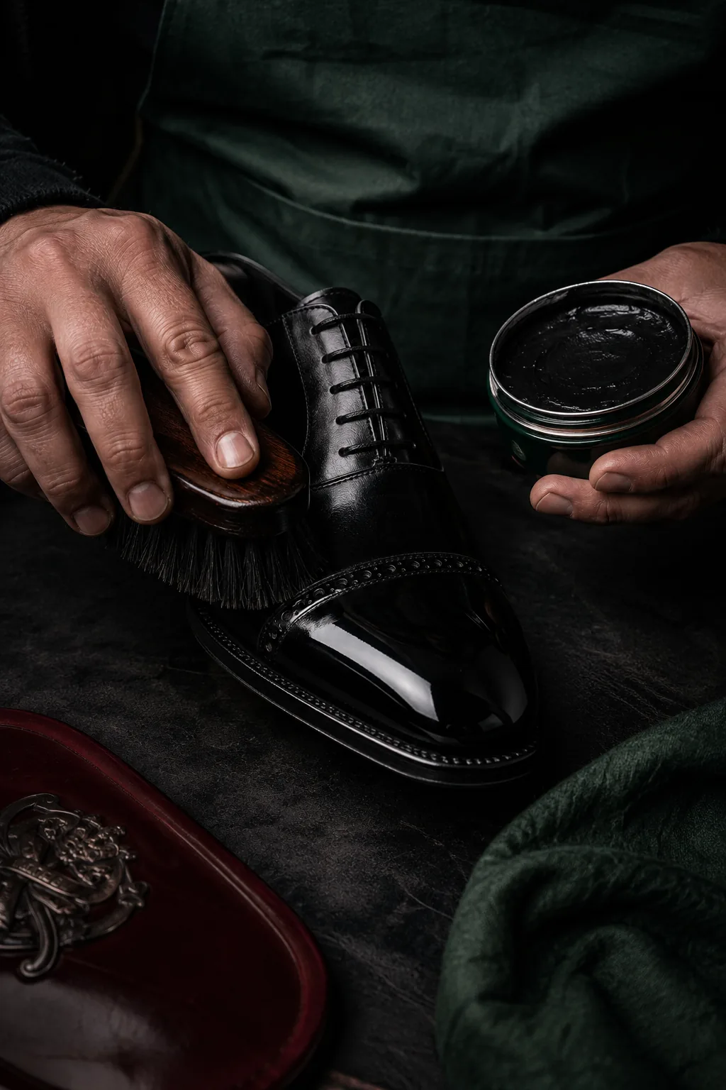 Cepillo de crin abrillantando un zapato Goodyear negro con cera de carnauba