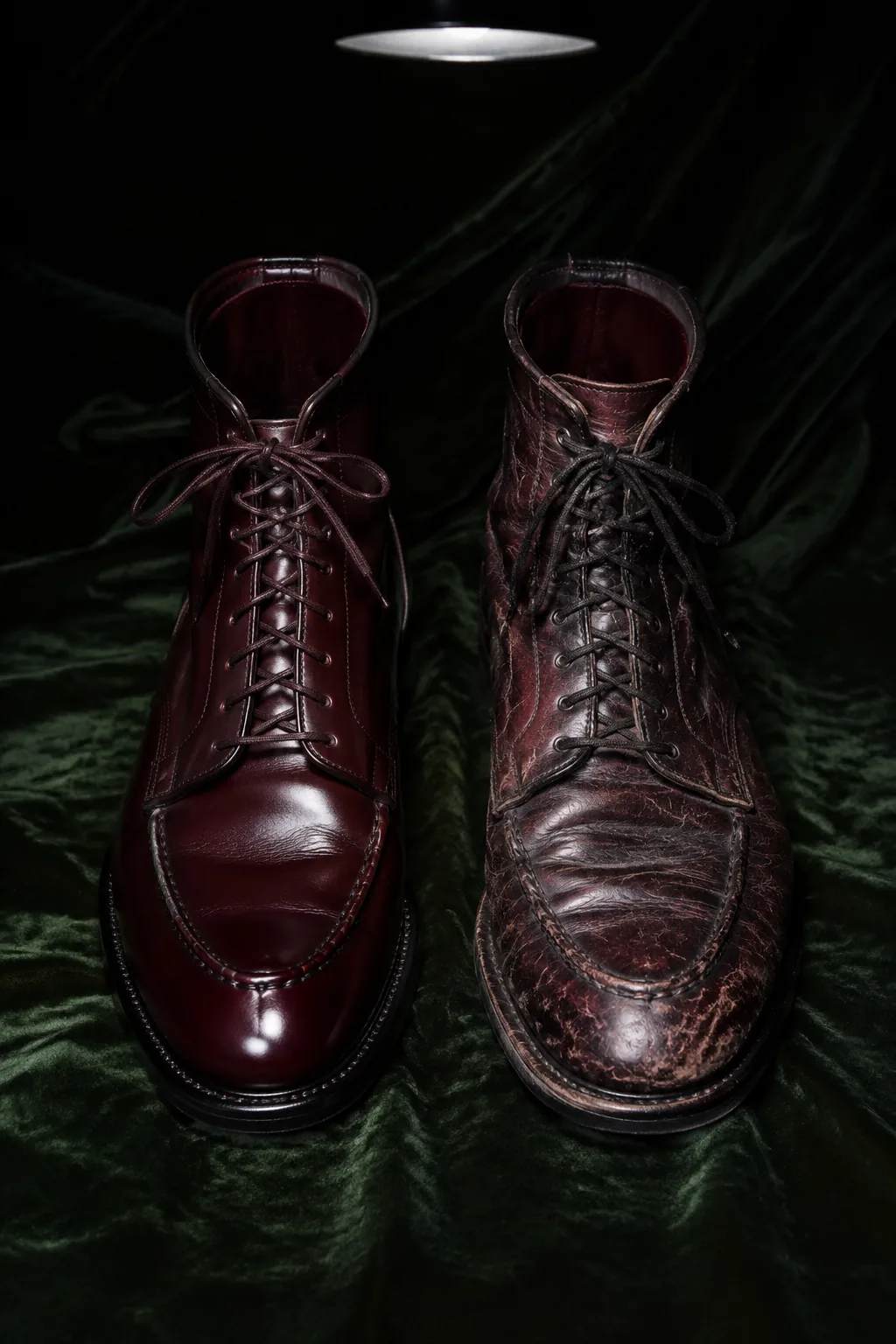 Bota de cuero burdeos restaurada junto a la version desgastada antes de pasar por el taller